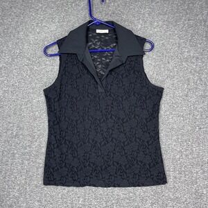Y2K Ninety Sleeveless Black Lace Sheer Collared Blouse Stretch Womens L USA Made